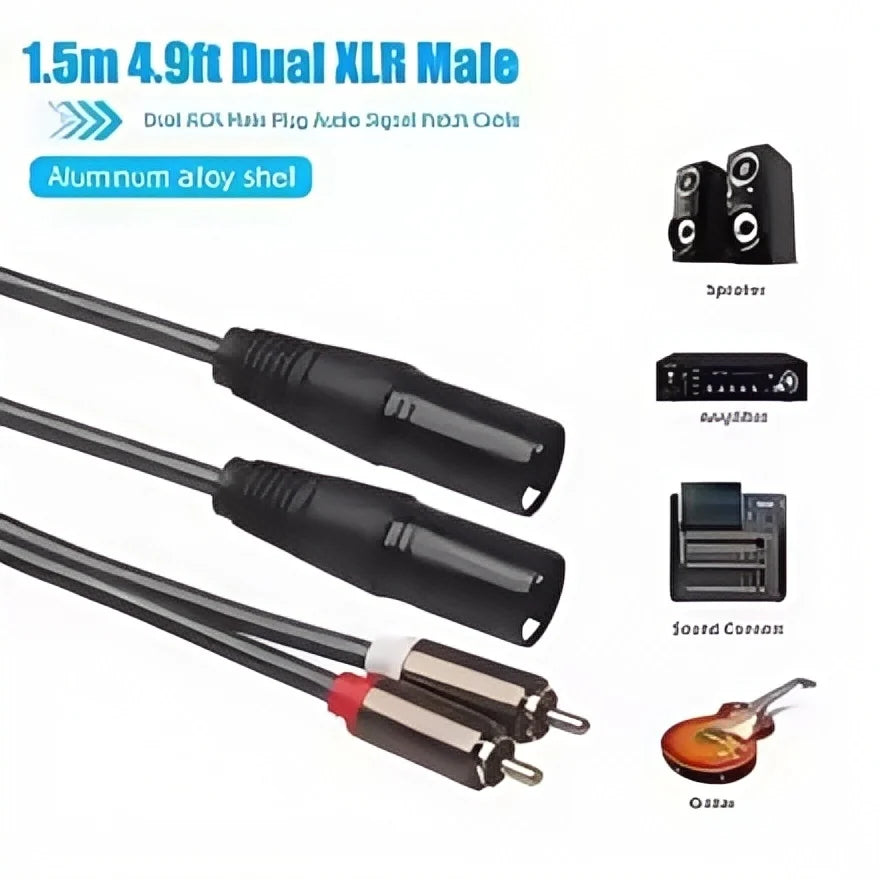 2RCA to Dual XLR (Male/Female) Shielded Audio Cable | 1.5M | Oxygen-Free Copper (OFC) | for Amplifier, Mixer, Speakers
