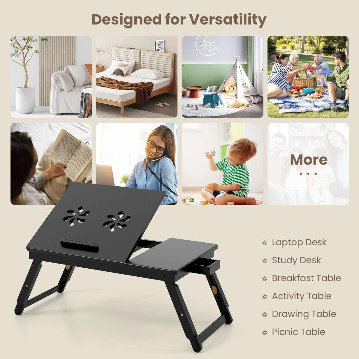 Portable Bamboo Laptop Lap Tray with Adjustable Legs and Tilting Top