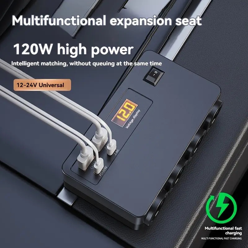 Nuokaiqi 8-In-1 120W High-Power Fast Charging Car Charger Adapter for Car Owners Needing Fast Charging - 4 Sockets, 2 Type-C Ports, 2 USB Ports, LED Voltage Detection, Independent Switch, 12V/24V Universal Automotive Accessory