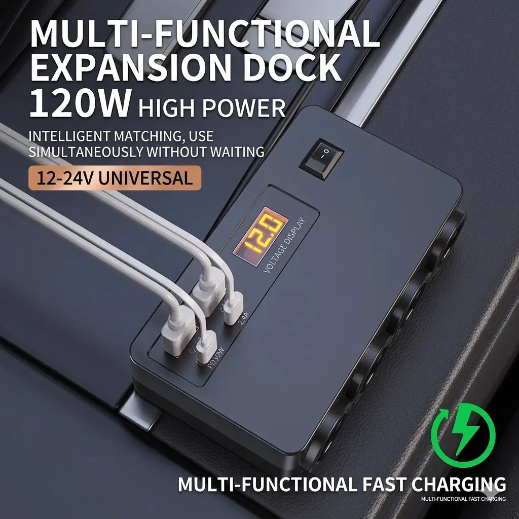 Nuokaiqi 8-In-1 120W High-Power Fast Charging Car Charger Adapter for Car Owners Needing Fast Charging - 4 Sockets, 2 Type-C Ports, 2 USB Ports, LED Voltage Detection, Independent Switch, 12V/24V Universal Automotive Accessory