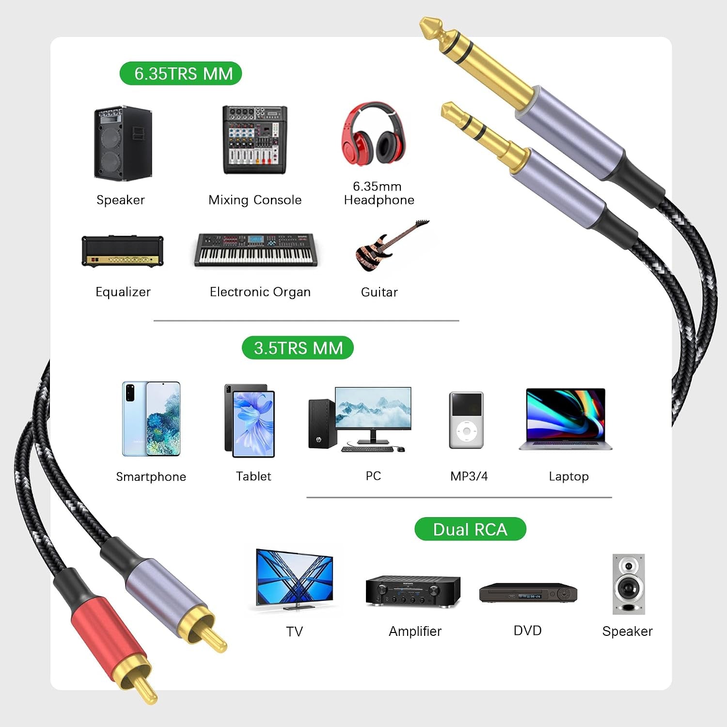 3.5Mm to RCA, 1/4 TRS to Dual RCA Cable, 2-In-1 Audio Cable, Gold-Plated Hifi Sound Headphone Jack Auxiliary Cord 1/8 6.35Mm Adapter Stereo Y Splitter for Phone Speaker MP3 Tablet HDTV 6.6FT