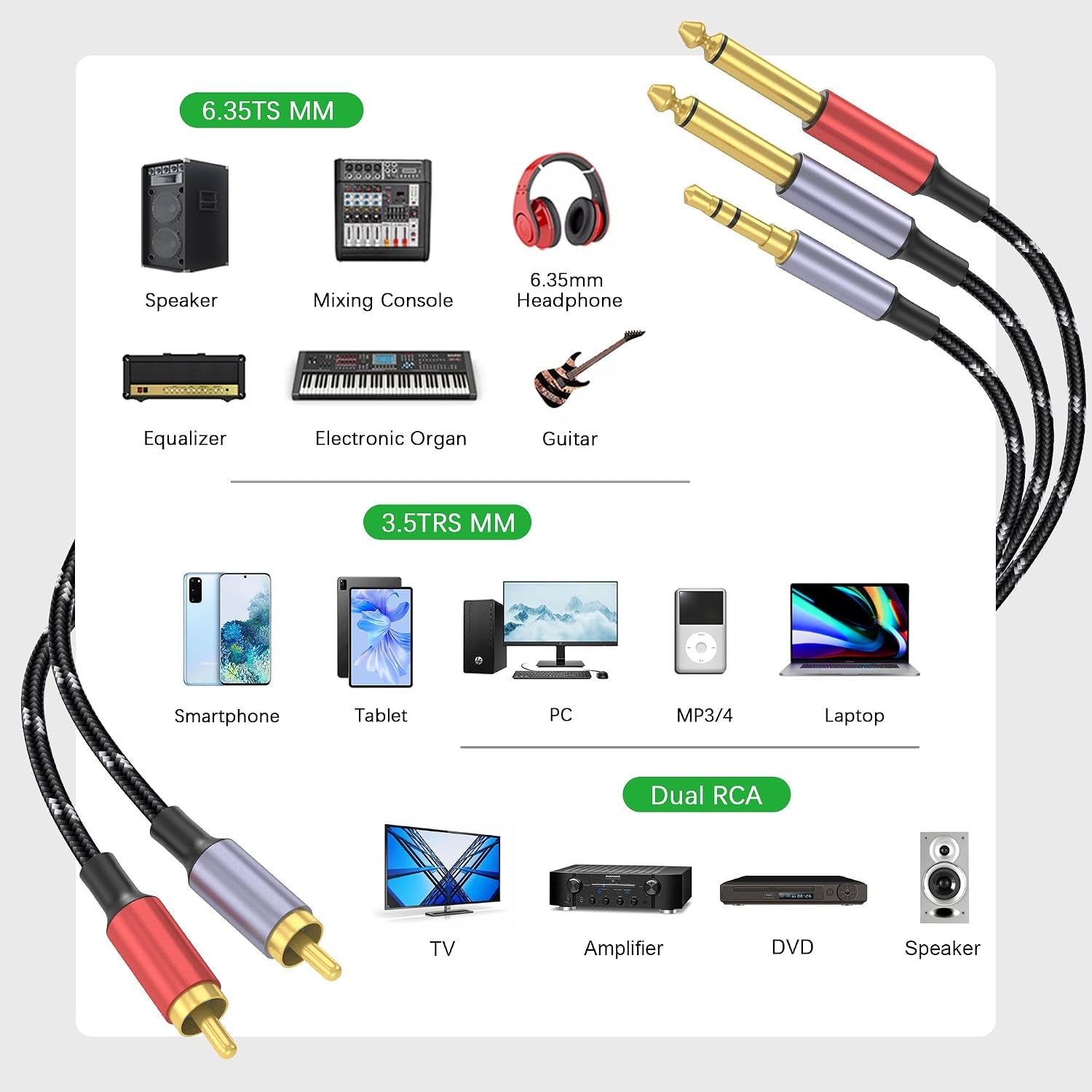 3.5Mm to RCA, Dual 1/4 TS to Dual RCA Cable, 2-In-1 Audio Cable, Gold-Plated Hifi Sound Headphone Jack Auxiliary Cord 1/8 Dual 6.35Mm Adapter Stereo Y Splitter for Phone Speaker MP3 Tablet HDTV 3.3FT