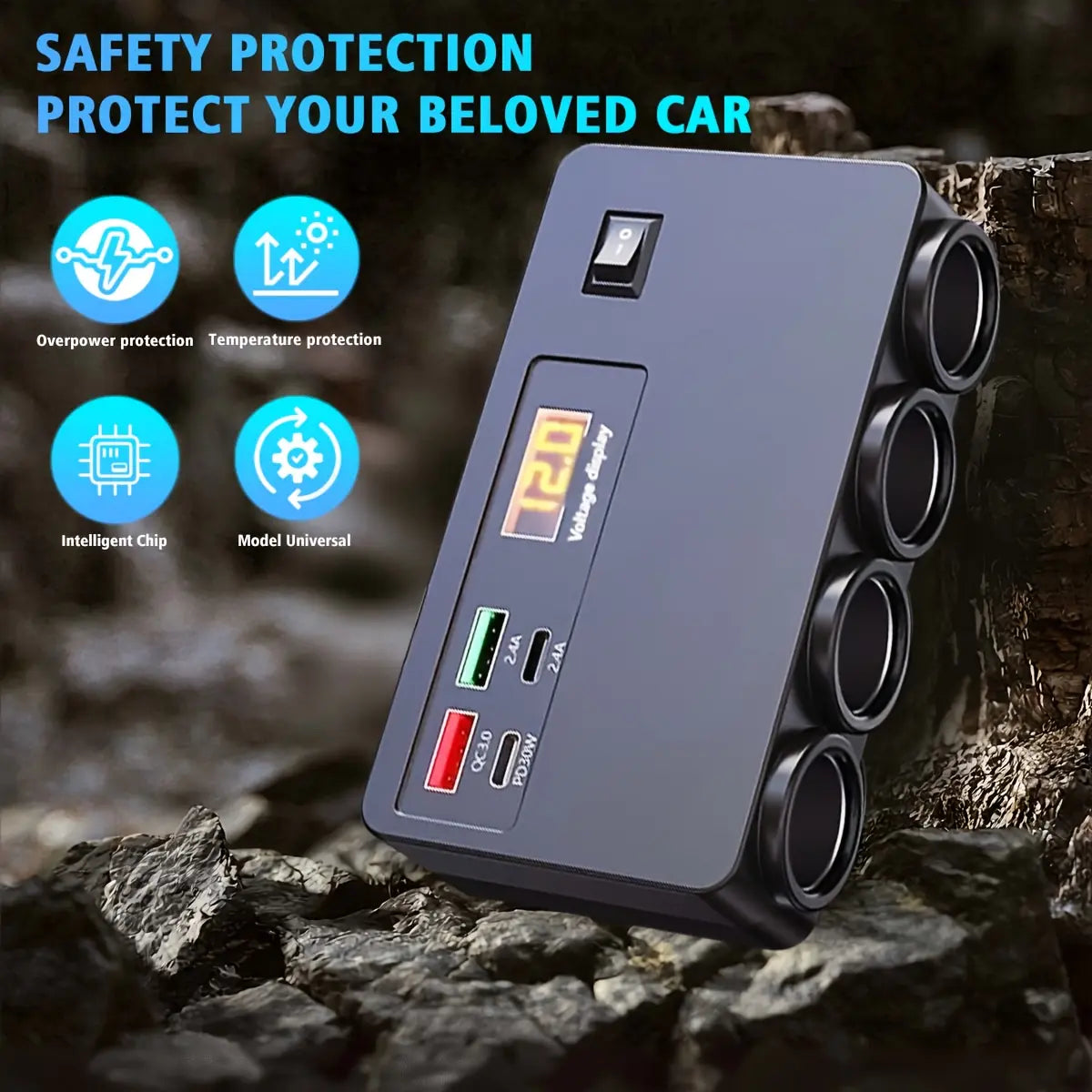 Nuokaiqi 8-In-1 120W High-Power Fast Charging Car Charger Adapter for Car Owners Needing Fast Charging - 4 Sockets, 2 Type-C Ports, 2 USB Ports, LED Voltage Detection, Independent Switch, 12V/24V Universal Automotive Accessory