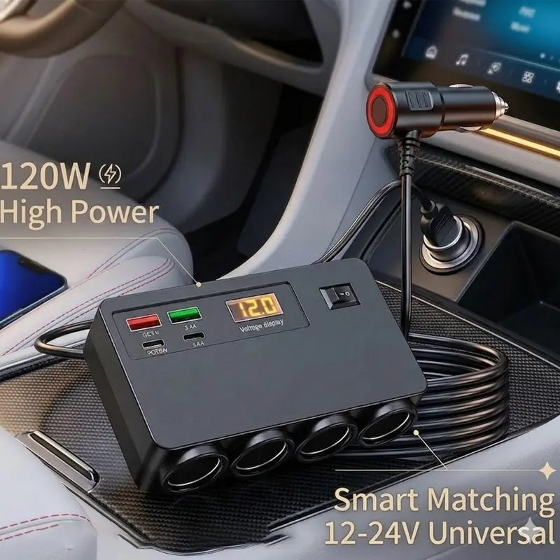 Nuokaiqi 8-In-1 120W High-Power Fast Charging Car Charger Adapter for Car Owners Needing Fast Charging - 4 Sockets, 2 Type-C Ports, 2 USB Ports, LED Voltage Detection, Independent Switch, 12V/24V Universal Automotive Accessory