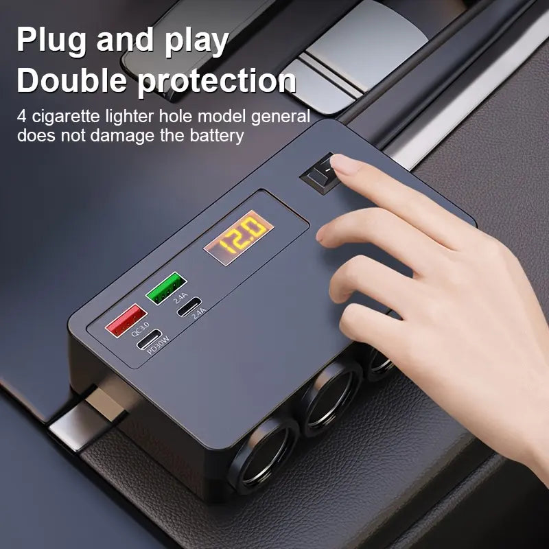 Nuokaiqi 8-In-1 120W High-Power Fast Charging Car Charger Adapter for Car Owners Needing Fast Charging - 4 Sockets, 2 Type-C Ports, 2 USB Ports, LED Voltage Detection, Independent Switch, 12V/24V Universal Automotive Accessory